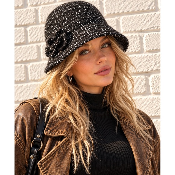 Nine West Accessories - Vintage Nine West Black Wool Knit Cloche Bucket Hat Flower Detail OS